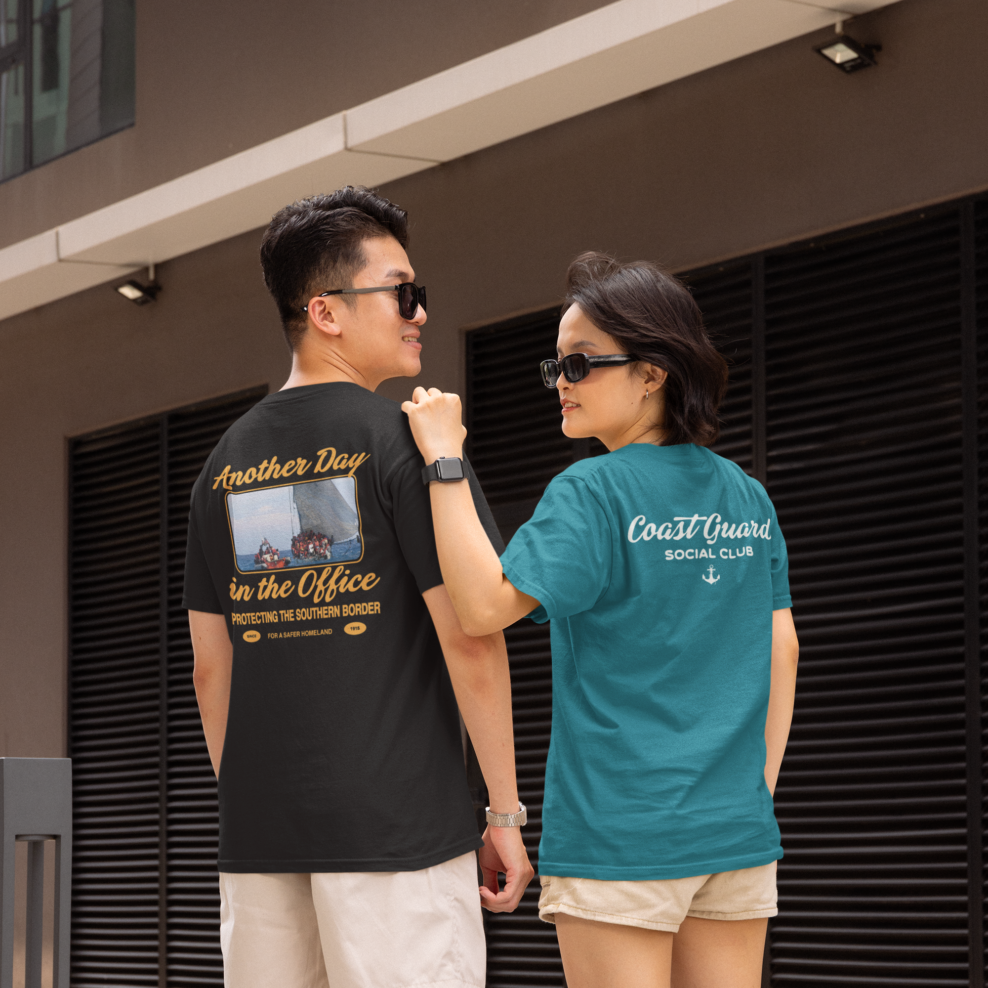 Back view gildan t shirt mockup featuring a smiling man and woman in an urban street m39605 1aa8c312 c6c7 4460 9ee3 b4938ac6c155