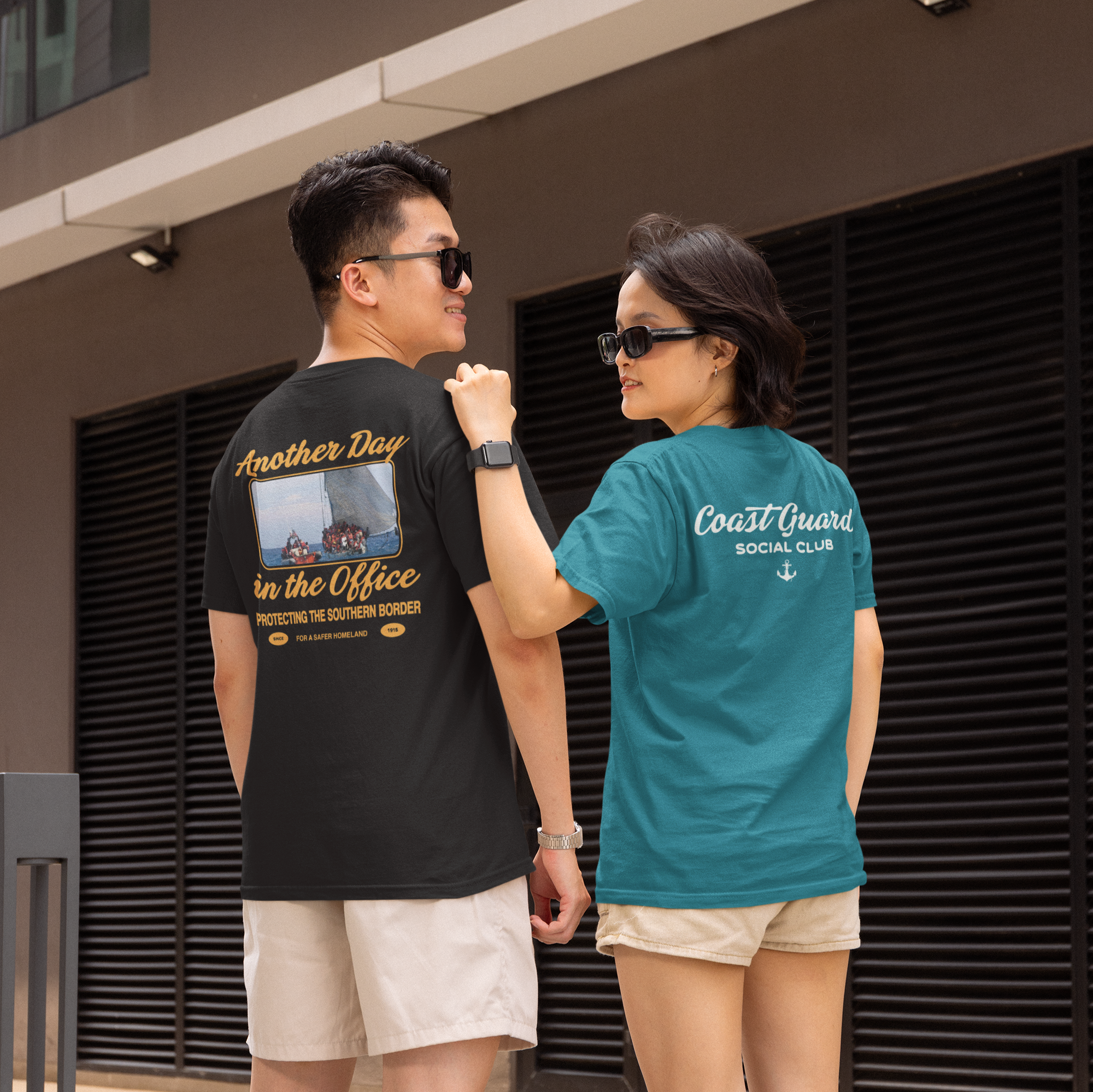 Back view gildan t shirt mockup featuring a smiling man and woman in an urban street m39605 e0ee6dfb 36d7 49cc be4b e51cfe311b46