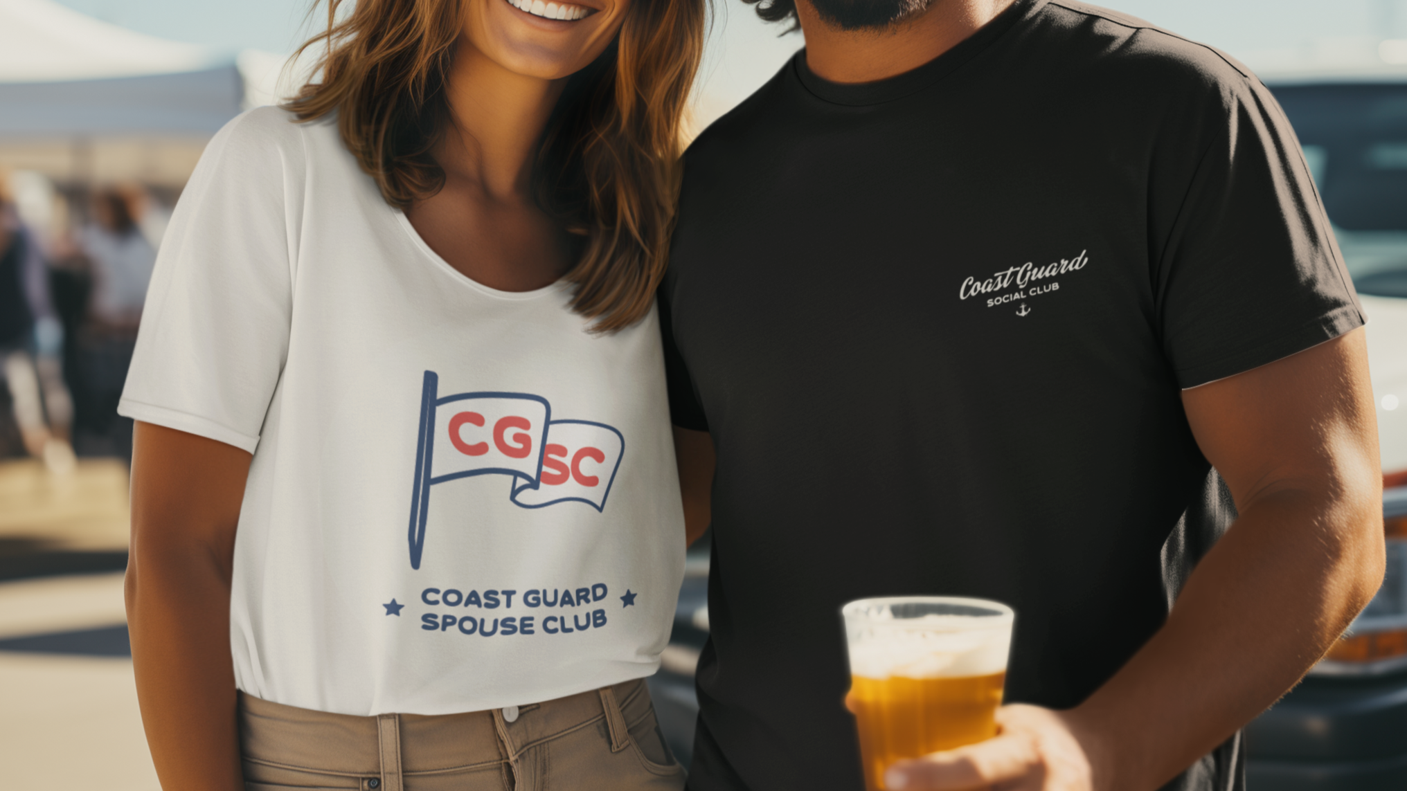 T shirt mockup of a smiling man and a woman hugging each other at a tailgate party m37581